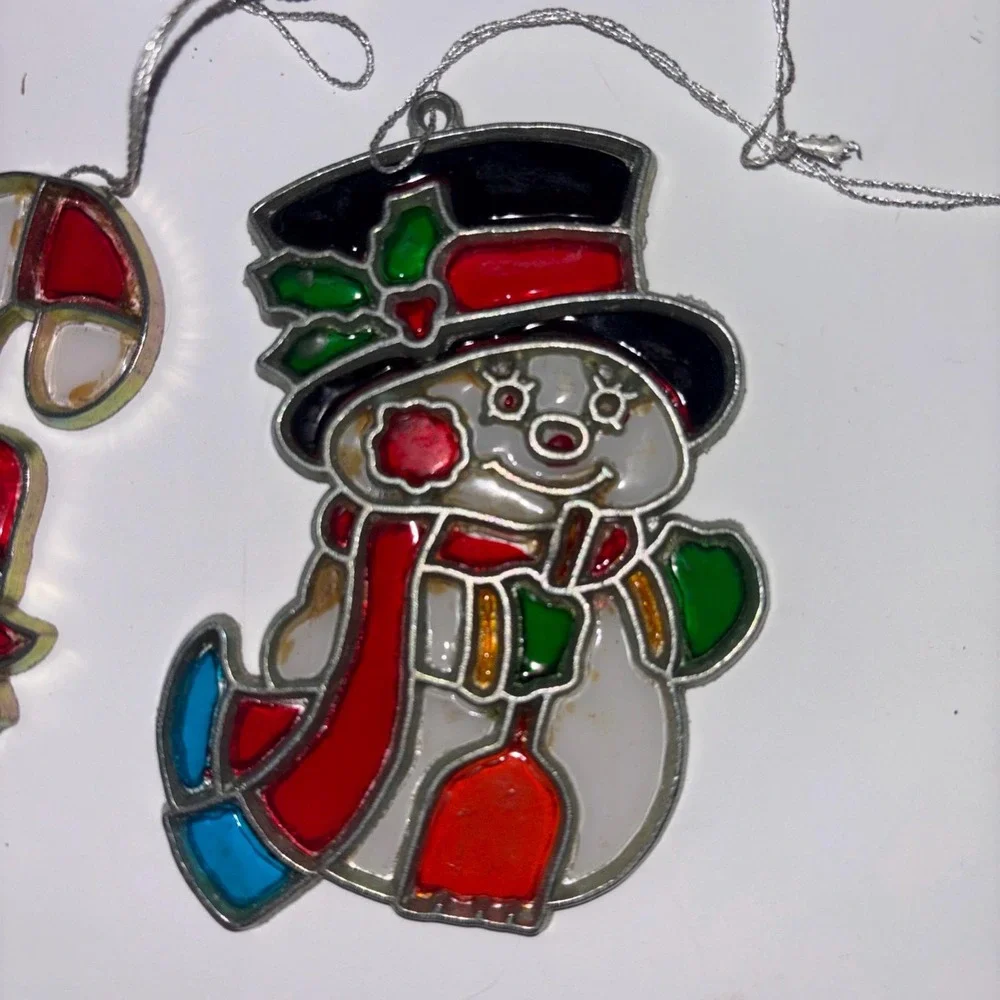 Vtg Christmas Metal Stained Glass Suncatcher Lot 6 Santa Snowman Rocking Horse